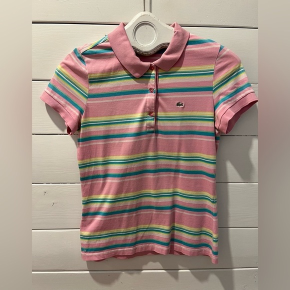 Lacoste Tops - Lacoste Pink Striped Polo Shirt – Size 40 S/M